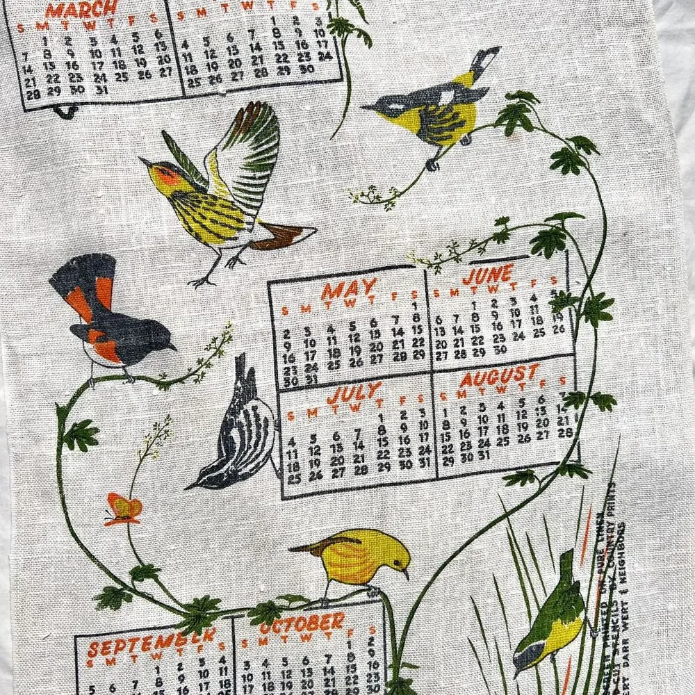 VTG 1965 Linen Tea Towel Calendar Mass Audubon Society Birds, Retro, MCM